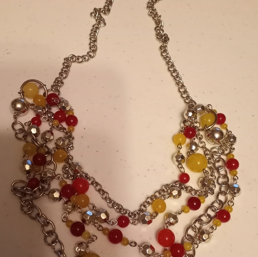 New Long Orange, Yellow & Silver Multi-Chain Necklace